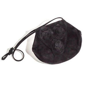 VTG Suede Rosette Shoulder Bag Crossbody Strap 60s / 70s Black Leather Handbag